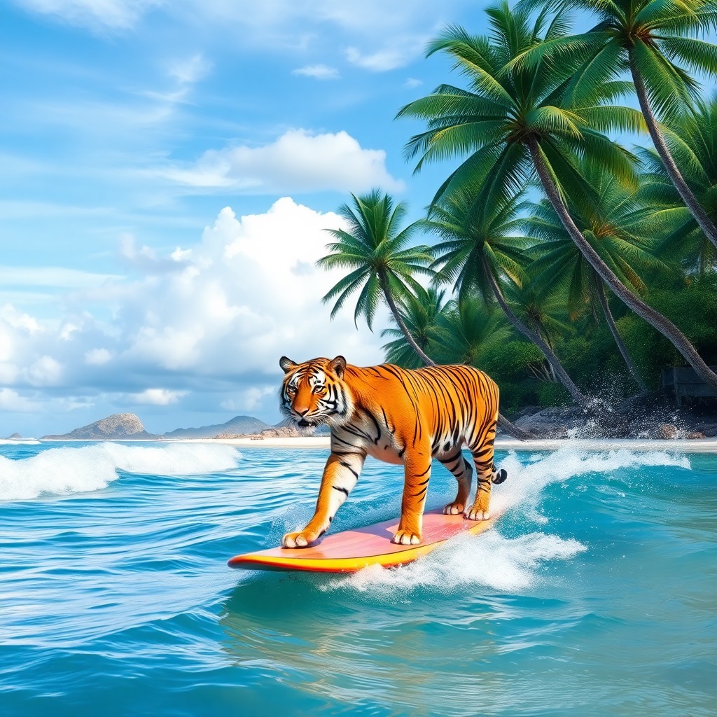 An image generated from a text prompt about a beach landscape with a tiger surfing