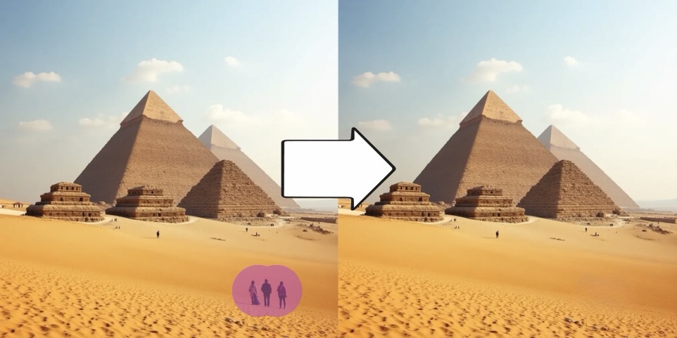 A photo before and after an object was erased from it